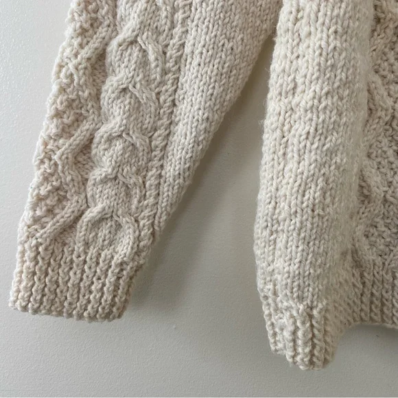 Vintage Handmade Wool Sweater Cream Fisherman Knit Aran Mock Turtleneck S M - Picture 3 of 8